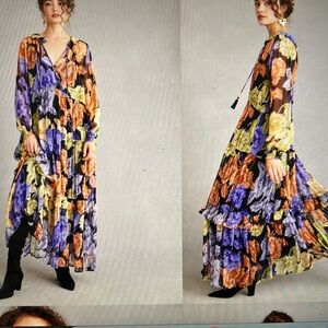 Anthropologie Marias Floral Maxi Dress - Black, Orange, Purple, Yellow - M